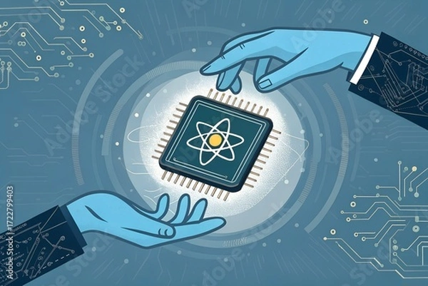 Fototapeta Human hands holding advanced ai chip featuring nuclear atom symbol powering future technology