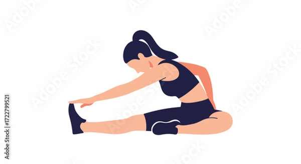 Obraz Athletic woman stretching hamstring on the floor in sportswear, promoting wellness and physical health with a minimalist design style