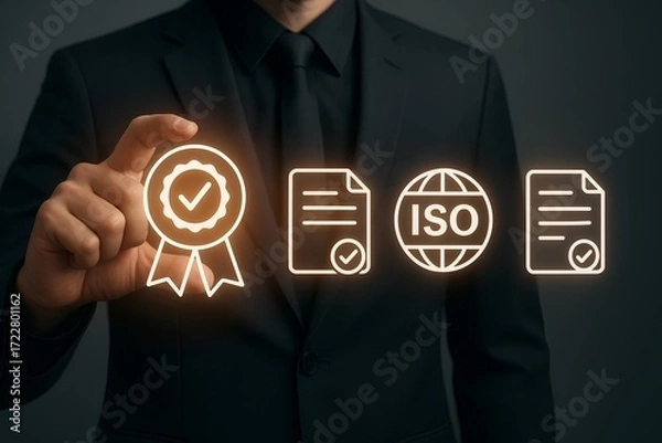 Fototapeta ISO certification and quality compliance – glowing interface with international standards, documentation, and business assurance