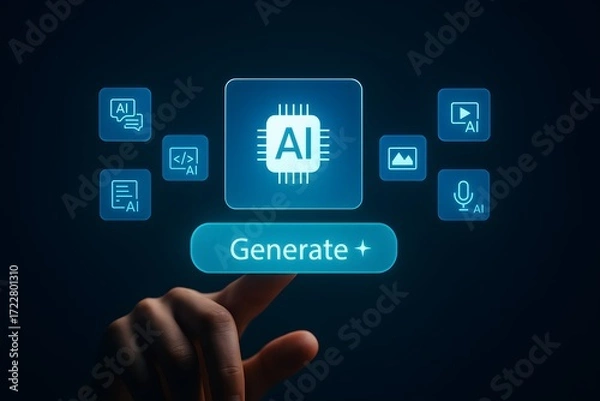 Fototapeta AI-powered content generation – glowing interface with multimedia creation tools for text, image, video, audio, and code
