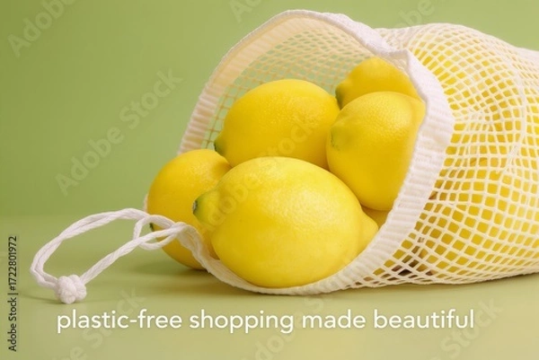 Fototapeta Lemons in reusable mesh bag on green background
