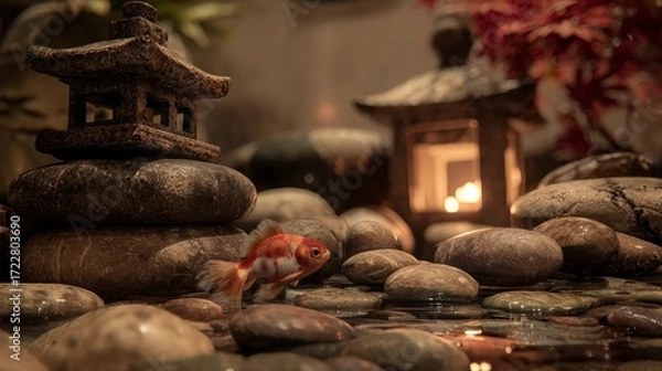 Fototapeta Goldfish in a rock water feature