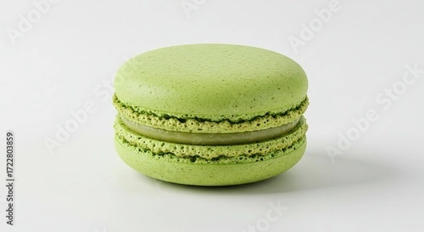 Obraz A single green macaron cookie on a white background.