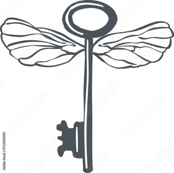 Obraz Flying Magic Key Line Art Illustration, Mystical Halloween Symbol of Secrets, Freedom, and Witchcraft. Perfect for enchanted clipart, gothic designs, and magical fantasy artwork
