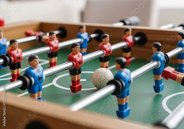Fototapeta Close-up of foosball table game with red and blue players