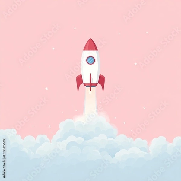 Fototapeta Illustration of a rocket with a window taking off, 3D with smoke behind and pink color behind, image with copyspace, very colorful