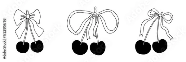 Fototapeta Set of coquette bow ribbon coquettish cherries. Y2k retro whimsical vector illustration. Tshirt print. Vintage sketch drawing. Trendy girly feminine tattoo. Valentines day romantic design element
