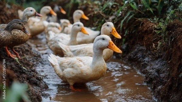 Fototapeta Group of ducks in muddy ditch