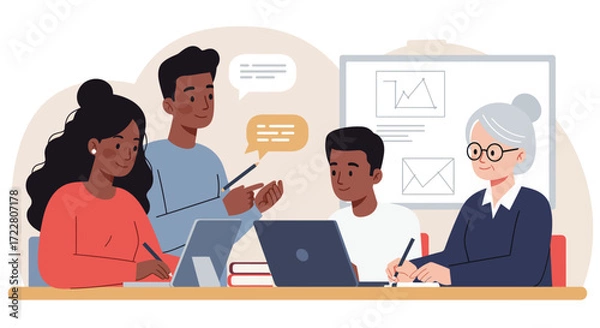 Obraz Vector flat illustration of students learning together in classroom with teacher, modern minimal style