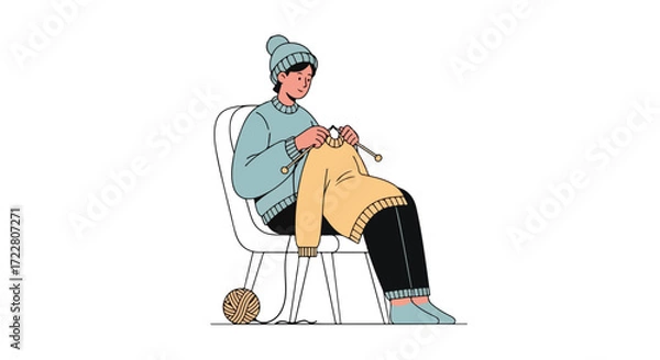 Fototapeta Illustration showcasing a person seated in a chair intently knitting a cozy sweater, a ball of yarn rests nearby suggesting a relaxing and creative