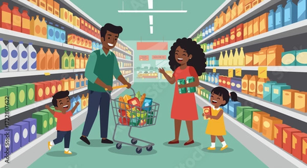 Obraz Vector illustration of family shopping in supermarket, flat design colorful style