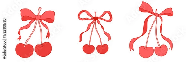Fototapeta Set of cherries with pretty bows. Cherry Berry with elegant bow knot and ribbon. Coquette aesthetic. Trendy y2k Collection decorative elements. Whimsical clipart. Vector illustration