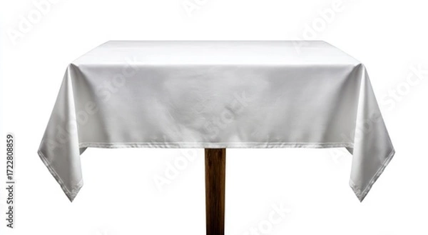 Fototapeta Table with a smooth white tablecloth on a center wooden leg, isolated against a plain background, showing folds and details of the material