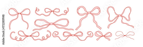 Fototapeta Set of hand drawn ribbon bows in coquette style. Cute feminine decorative elements for digital design, scrapbooking, planners, invitations, packaging, and social media. Isolated on white vector art