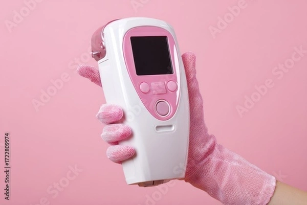 Fototapeta Hand in pink glove holds a white electric device with pink accents, against a pink background