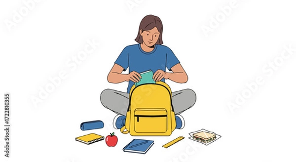 Fototapeta Student preparing for school by packing a vibrant yellow backpack with essential school supplies, embodying enthusiasm and anticipation for learning