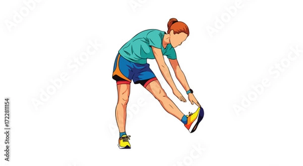 Fototapeta A Vibrant Illustration of a Female Athlete Stretching her Hamstring During Workout Preparation Illustrative