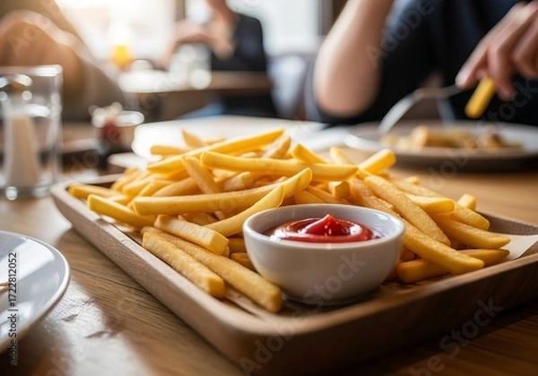 Fototapeta Friends enjoying a platter of fries with ketchup at a cozy gathering