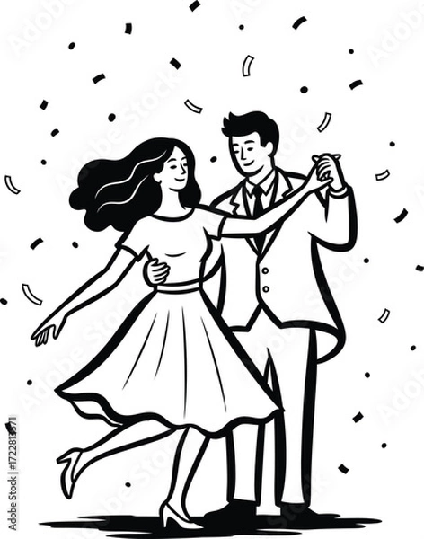 Fototapeta Elegant couple dancing together joyfully under falling confetti illustration on transparent background
