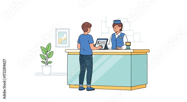 Obraz Customer interaction at service desk with tablet and professional attendant assistance scenario