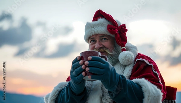Fototapeta Santa enjoys a warm drink in the evening sky with soft clouds at sunset during the festive holiday season Generative AI
