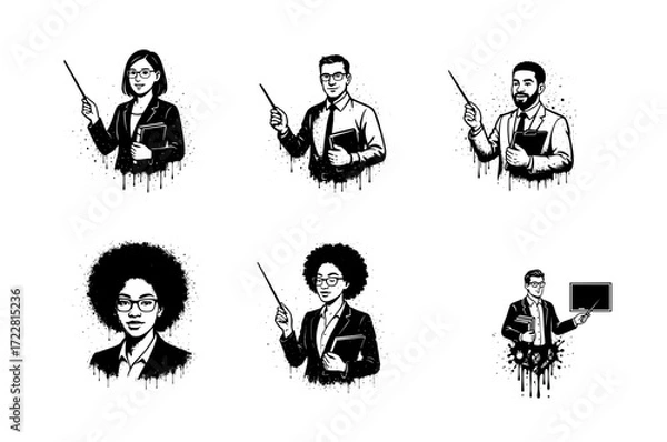 Fototapeta Diverse Teachers Pointing with Pointer Sticks, Black and White