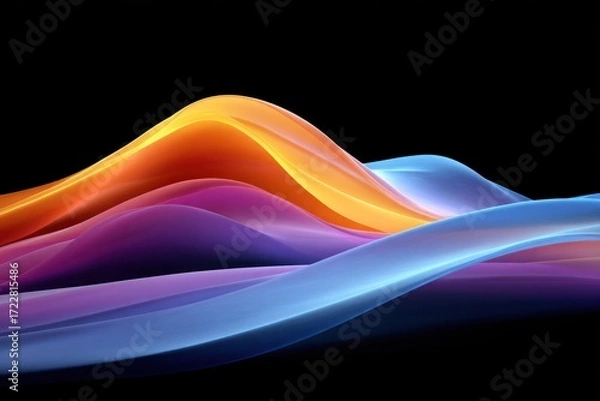 Fototapeta Abstract flowing waves with blended colors; orange, yellow, pink, purple and blue against a black background, creating an illusion of soft, glowing fabric