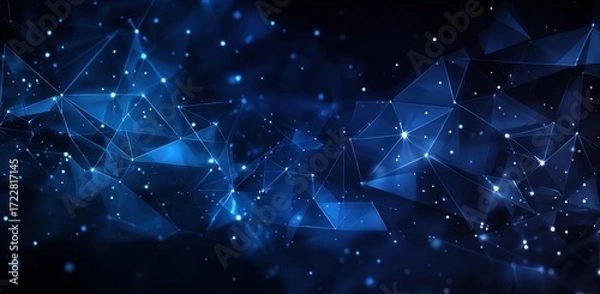 Fototapeta Abstract, blue network of connected polygons and glowing nodes against a dark background creates a techy, futuristic, and interconnected feel