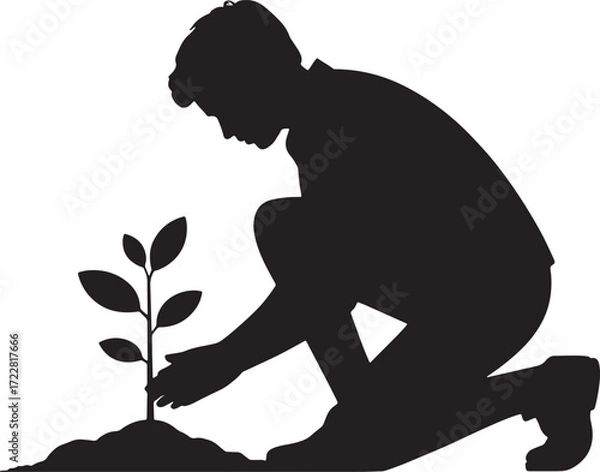 Fototapeta Planting Silhouette, Man Cultivating Seedling, Gardening on See Through Backdrop