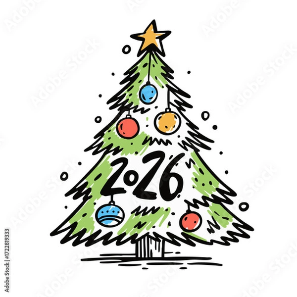 Fototapeta A vividly colorful 2026 Christmas Tree beautifully adorned with festive ornaments and a shining star