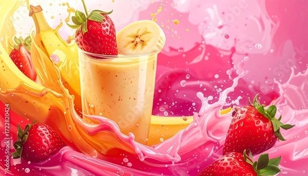 Fototapeta Healthy strawberry and banana fruit smoothie liquid swirls splashes. Fruits juice liquids splashing together.