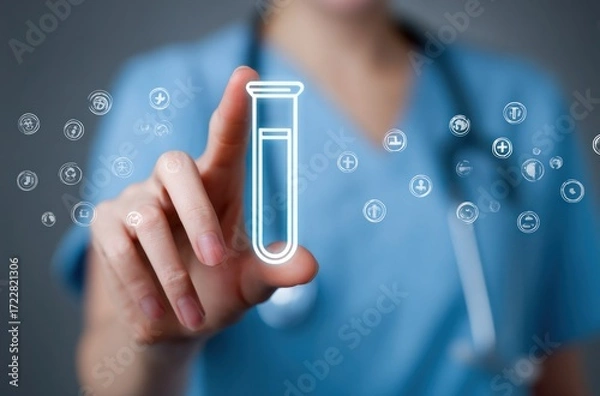 Fototapeta Medical professional points at a test tube icon against a soft blue background with floating medical symbols, suggesting healthcare or laboratory concept