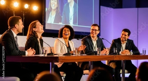 Fototapeta Good conference. Group of speakers laughing during a panel discussion
