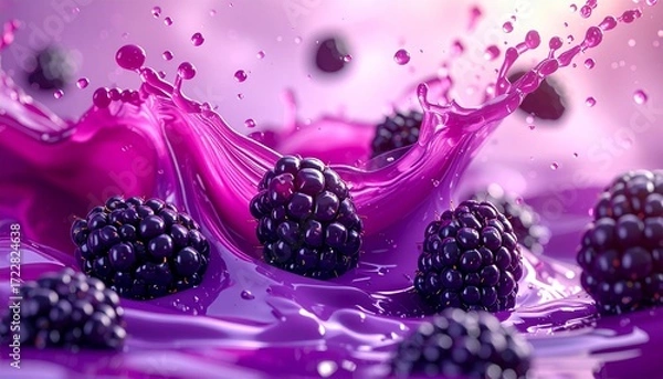 Fototapeta Fresh blackberry juice, smoothie or jam splash 3D swirls with juicy blackberries. Tasty berry juice splashing, blackberry juice isolated.