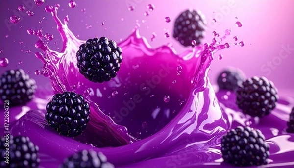 Fototapeta Fresh blackberry juice, smoothie or jam splash 3D swirls with juicy blackberries. Tasty berry juice splashing, blackberry juice isolated.