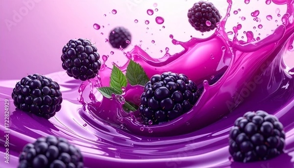 Fototapeta Fresh blackberry juice, smoothie or jam splash 3D swirls with juicy blackberries. Tasty berry juice splashing, blackberry juice isolated.