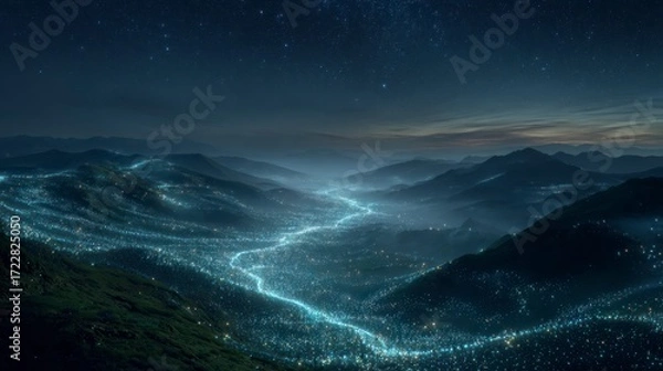 Obraz Mountain valley river night view