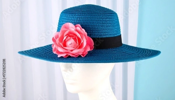 Fototapeta Teal straw hat with pink flower