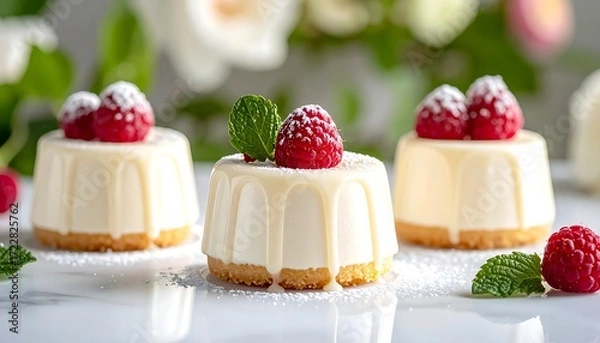 Fototapeta Three small white cheesecakes topped with raspberries