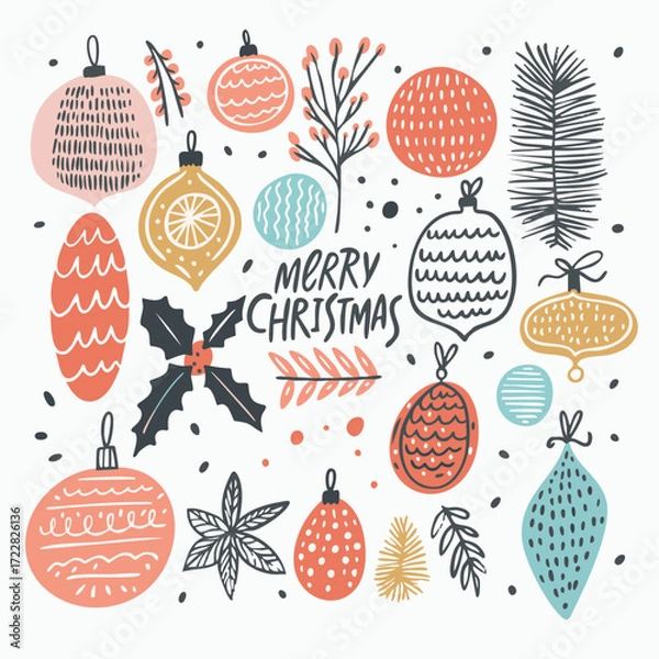 Fototapeta A Collection of Colorful Christmas Ornaments Featuring a Cheerful Merry Christmas Message