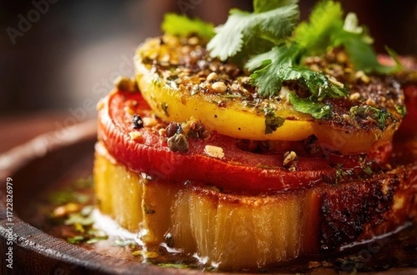 Fototapeta Stacked, grilled vegetables on a wood plate glisten under a warm light, topped with fresh cilantro. Oil and herb seasonings coat the layered dish