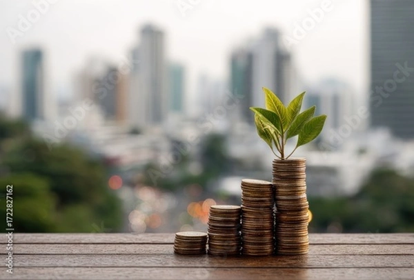 Fototapeta Stacked coins rise like steps, topped with a vibrant green plant against a soft, blurred city backdrop. Symbolic of growth, finance, and future prospects