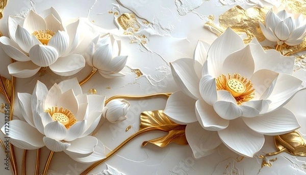 Fototapeta White lotus flowers with golden accents, 3D embossed floral art, luxury decorative background.