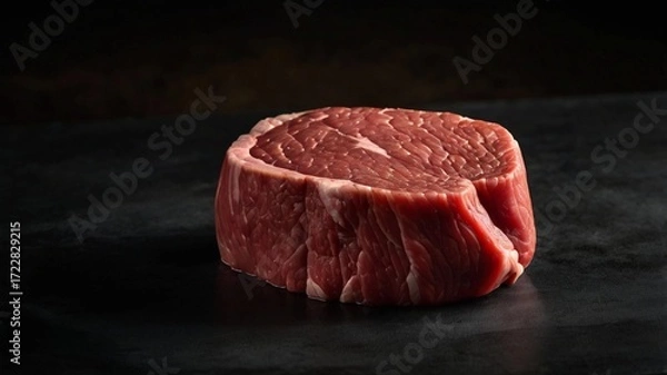 Fototapeta Raw beef steak isolated on dark background. Perfect for social media content, culinary blogs, and appetizing compositions.