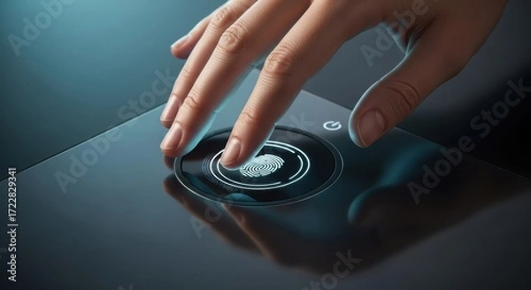 Fototapeta Good conference. Hand activating fingerprint sensor on glossy touchscreen