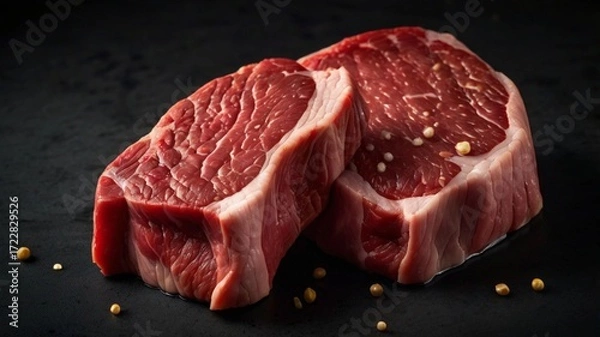 Fototapeta Veiny beef steak with coarse seasoning for recipe websites. Great for organic food branding, healthy eating campaigns, and premium visuals.
