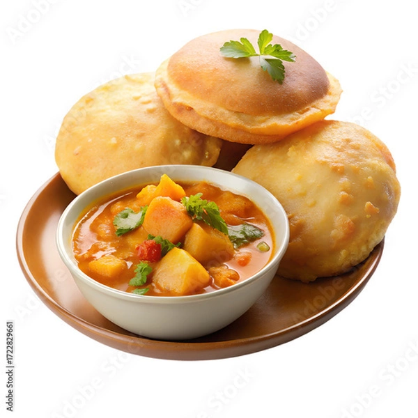 Fototapeta Crispy puri with spicy potato curry isolated on transparent background