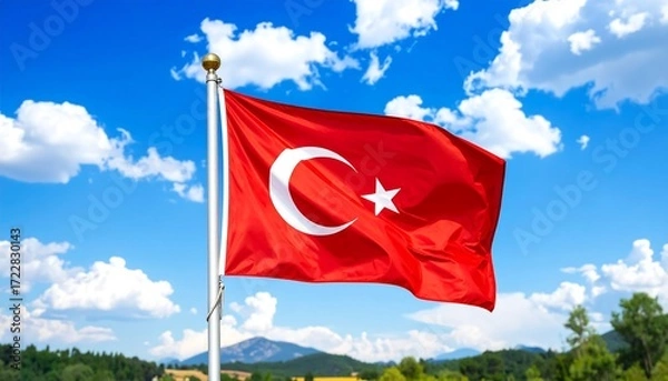 Fototapeta Turkish flag waving in blue sky (1)