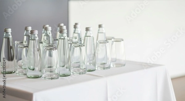 Fototapeta Good conference. Glass water bottles arranged on a white table