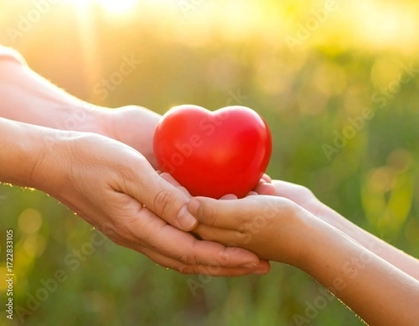 Obraz Two hands gently hold a small red heart outdoors